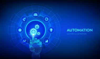 Otomasyon Yazılımı. Teknoloji ve iş süreçlerinde verimliliği artıran bir yenilik olarak çok sayıda ve otomasyon kavramı. Robot el dijital arayüze dokunuyor. Vektör illüstrasyonu