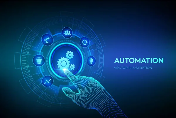 Otomasyon Yazılımı. Teknoloji ve iş süreçlerinde verimliliği artıran bir yenilik olarak çok sayıda ve otomasyon kavramı. Robot el dijital arayüze dokunuyor. Vektör illüstrasyonu
