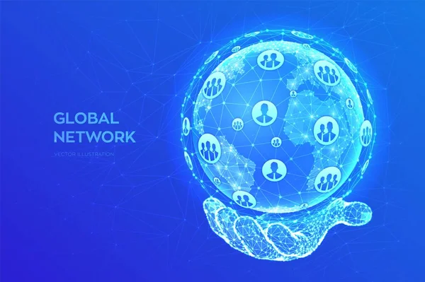 Globale Netzwerkverbindung Erdglobus Illustration Abstrakte Polygonale Planeten Der Hand Low — Stockvektor