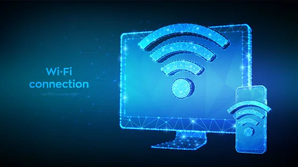 Connessione Wireless Concetto Wifi Gratuito Monitor Basso Astratto Poligonale Computer — Vettoriale Stock