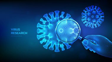 Kablo çerçeveli büyüteçle virüs araştırma konsepti ve soyut koronavirüs bakterisi. Büyüteç ve virüs hücresi kapanıyor. Coronavirus 2019-NCov. COVID-19. 3B vektör illüstrasyonu