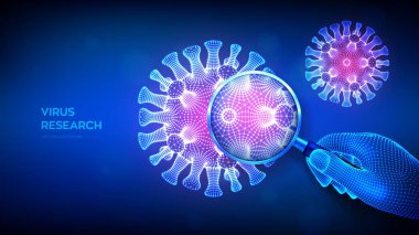Kablo çerçeveli büyüteçle virüs araştırma konsepti ve soyut koronavirüs bakterisi. Büyüteç ve virüs hücresi kapanıyor. Coronavirus 2019-NCov. COVID-19. 3B vektör illüstrasyonu
