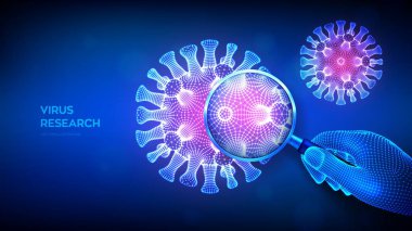 Kablo çerçeveli büyüteçle virüs araştırma konsepti ve soyut koronavirüs bakterisi. Büyüteç ve virüs hücresi kapanıyor. Coronavirus 2019-NCov. COVID-19. 3B vektör illüstrasyonu