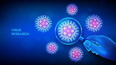 Kablo çerçeveli büyüteçle virüs araştırma konsepti ve soyut koronavirüs bakterisi. Büyüteç ve virüs hücresi kapanıyor. Coronavirus 2019-NCov. COVID-19. 3B vektör illüstrasyonu