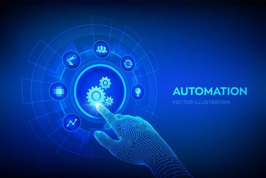Otomasyon Yazılımı. Teknoloji ve iş süreçlerinde verimliliği artıran bir yenilik olarak çok sayıda ve otomasyon kavramı. Robot el dijital arayüze dokunuyor. Vektör illüstrasyonu