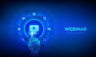 Giyin. İnternet konferansı. Web tabanlı seminer. Mesafe öğrenme. Sanal ekranda e-öğrenim iş teknolojisi kavramı. Robot el dijital arayüze dokunuyor. Vektör illüstrasyonu