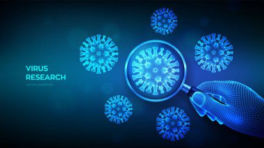 Kablo çerçeveli büyüteçle virüs araştırma konsepti ve soyut koronavirüs bakterisi. Büyüteç ve virüs hücresi kapanıyor. Coronavirus 2019-NCov. COVID-19. 3B vektör illüstrasyonu