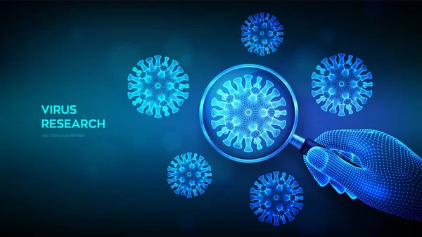 Concepto Investigación Virus Con Lupa Mano Alambre Bacterias Coronavirus Abstractas — Vector de stock