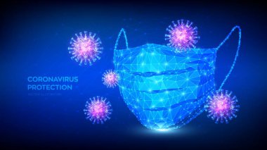 Tıbbi maske. Soyut düşük çokgen koruyucu tıbbi yüz maskesi ve virüs hücreleri. Coronavirus 2019 nCoV salgınını durdurun. Enfeksiyon yok ve COVID-19 salgınını durdurun.