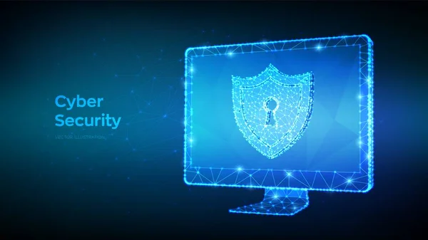Ochrona Cyberbezpieczeństwo Bezpiecznej Koncepcji Streszczenie Niski Wielokątny Monitor Komputerowy Ekran — Wektor stockowy