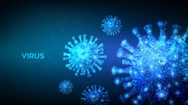 Coronavirus 2019-ncov romanı Coronavirus düşük polyester soyut kavramı. Virüs hücrelerinin mikroskobik görüntüsü yaklaşıyor. Tehlikeli Asya Ncov Corona virüsü, Sars salgını riski. 3d çokgen vektör çizimi