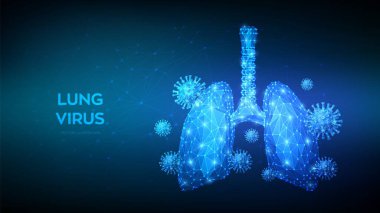 Akciğer virüsü. İnsan ciğerlerindeki soyut düşük çokgen Covid-19 virüs hücreleri. Enfekte olmuş Coronavirus 2019-nCov akciğerler medikal konsept. Akciğer hastalığı, zatürree, astım, kanser, tüberküloz taşıyıcı illüstrasyonu.