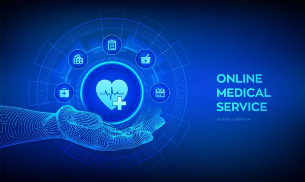 Онлайн Медицинские Услуги Иконка Роботизированной Руке Доктор Связи Здравоохранение Консультации — стоковый вектор