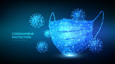 Tıbbi maske. Soyut düşük çokgen koruyucu tıbbi yüz maskesi ve virüs hücreleri. Coronavirus 2019 nCoV salgınını durdurun. Enfeksiyon yok ve COVID-19 salgınını durdurun.