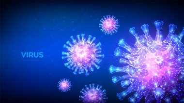 Coronavirus 2019-ncov romanı Coronavirus düşük polyester soyut kavramı. Virüs hücrelerinin mikroskobik görüntüsü yaklaşıyor. Tehlikeli Asya Ncov Corona virüsü, Sars salgını riski. 3d çokgen vektör çizimi