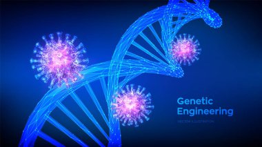 DNA dizisi ve COVID-19 enfeksiyon virüs hücreleri. Soyut Coronavirus 2019-nCov bakterisi. DNA molekülleri yapı örgüsü. Salgın riski olan tıbbi bir geçmiş. Düşük çokgen vektör çizimi