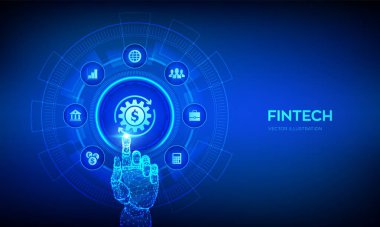 Fintech. Finansal teknoloji, online bankacılık ve kitle fonlama. İş yatırım bankacılığı ödeme teknolojisi kavramı sanal ekranda. Robot el dijital arayüze dokunuyor. Vektör illüstrasyonu