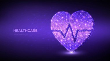 Sağlık, tıp ve kardiyoloji konsepti. Kalp atışı çizgisi, kalp ikonu şeklinde. EKG çizgisi olan soyut düşük çokgen kalp - tıbbın, tıbbi bakım çalışanlarının, acil servis ağının sembolü.