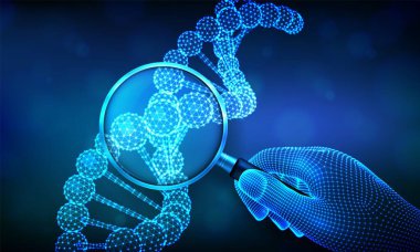 Genetik mühendisliği kavramı, elinde büyüteç ve DNA dizilimiyle. Tel çerçeveli DNA molekülleri yapı örgüsü. DNA kodu düzenlenebilir şablon. Bilim ve biyoteknoloji kavramı. Vektör illüstrasyonu