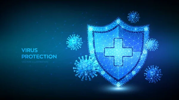 Protección Contra Virus Escudo Poligonal Bajo Células Del Virus Covid — Vector de stock