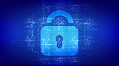 Kilit. Siber güvenlik. Anahtar Deliği simgesi ikili kodlu asma kilit. Koruma ve Güvenlik ya da Güvenli konsept. Siber veri güvenliği ya da bilgi gizlilik fikrini resmediyor. Vektör İllüstrasyonu