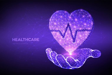 Sağlık, tıp ve kardiyoloji konsepti. Kalp atış çizgisi olan bir ikon. Ekokardiyogram çizgisi olan soyut düşük çokgen kalp - tıbbi bakım sembolü, acil servis. Vektör illüstrasyonu