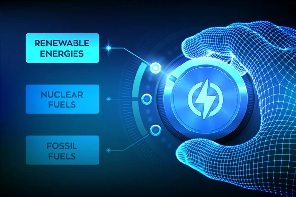 Energiindustrisektorer Wireframe Hand Vrida Energiomställningsknapp För Att Byta Från Fossila — Stock vektor