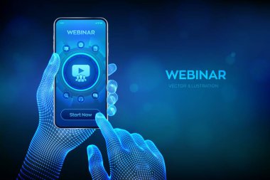 Giyin. İnternet konferansı. Web tabanlı seminer. Mesafe öğrenme. Sanal ekranda e-öğrenim iş teknolojisi kavramı. Yakın plan akıllı telefon, kablo çerçeveli ellerde. Vektör illüstrasyonu