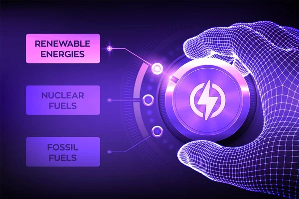 Energiindustrisektorer Wireframe Hand Vrida Energiomställningsknapp För Att Byta Från Fossila — Stock vektor