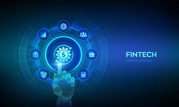 Fintech. Finansal teknoloji, online bankacılık ve kitle fonlama. İş yatırım bankacılığı ödeme teknolojisi kavramı sanal ekranda. Robot el dijital arayüze dokunuyor. Vektör illüstrasyonu