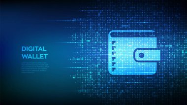 Dijital cüzdan. Para birimi sembollerinden yapılmış cüzdan simgesi. Mobil bankacılık, çevrimiçi finans, e-ticaret afişi. Dolar, avro, yen ve pound simgeleri. Döviz tabelaları olan bir geçmiş. Vektör illüstrasyonu