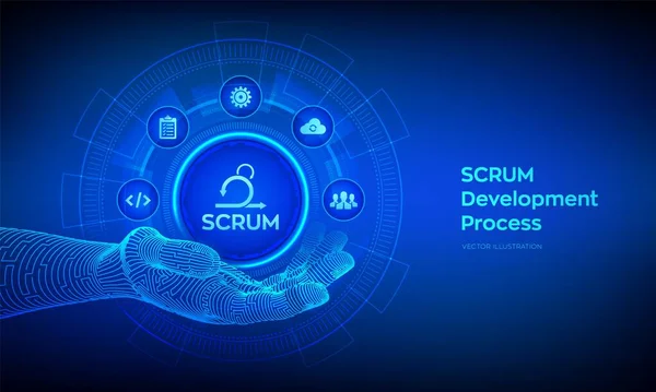 Scrum Icoon Robothand Agile Ontwikkeling Methodologie Proces Iteratieve Sprintmethode Programmering — Stockvector