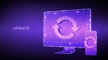 Güncelleme, Senkronizasyon, işleme konsepti. Güncelleme ya da senkronize işareti olan soyut düşük çokgen bilgisayar monitörü ve akıllı telefon. Yeniden yükleme yenileme gibi konular için kullanılabilir. Vektör illüstrasyonu