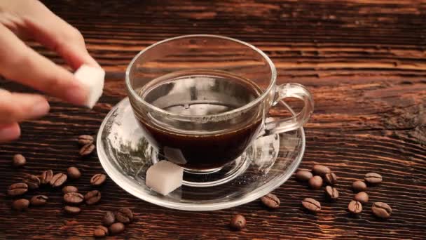 Sugaring coffee with sugar. — Stock Video