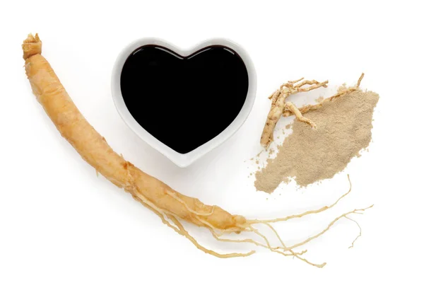 Ginseng ingredienser, extrakt, rot och pulver. — Stockfoto