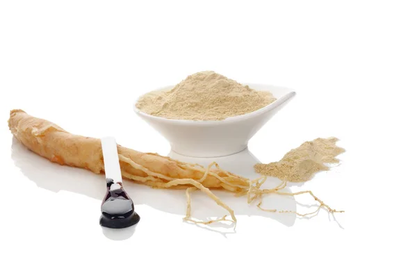 Ginseng powder, extract and ginseng root — Stock Photo, Image