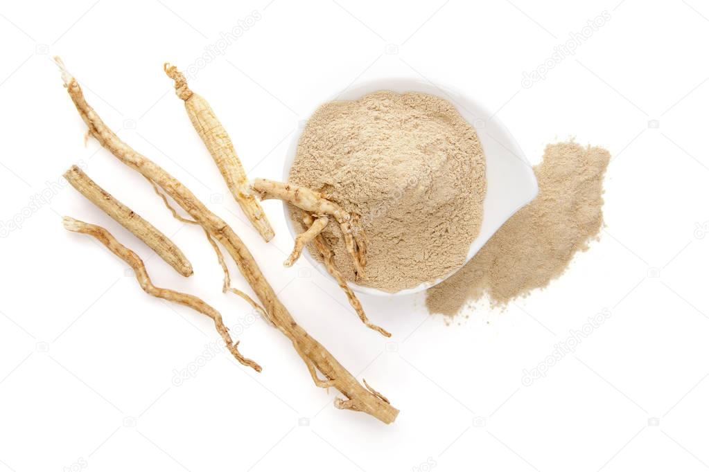 Healthy ginseng powder and root from above.