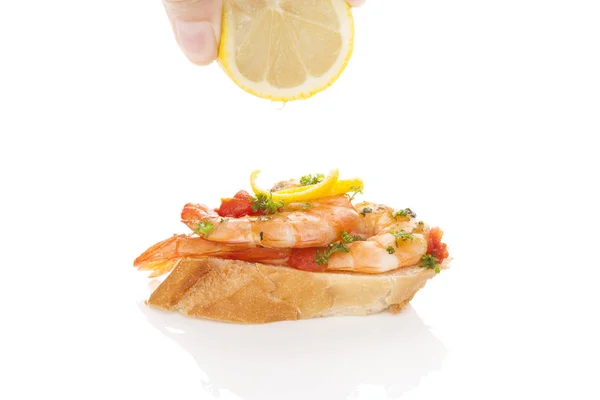 Delicious prawn appetizer baguette. — Stock Photo, Image
