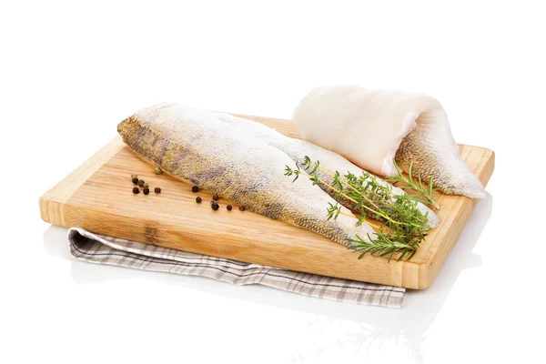 Fillet fish slices on chopping board — Stock Photo, Image