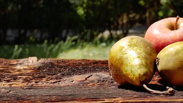 Hugga Ett Äpple Med Vass Kökskniv Träbord Utomhus Vacker Sommardag — Stockvideo