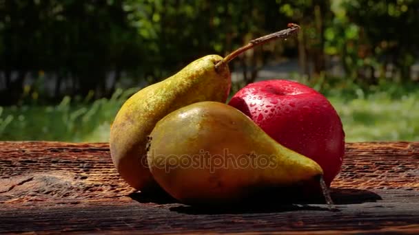 Świeże Zdrowe Owoce Drewnianym Stole Ogrodzie Jabłka Gruszki — Wideo stockowe
