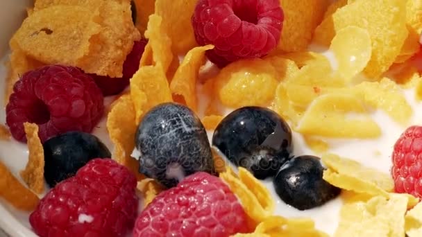 Frische Cornflakes Mit Silberlöffel Essen Getreideflocken Mit Milch Und Früchten — Stockvideo