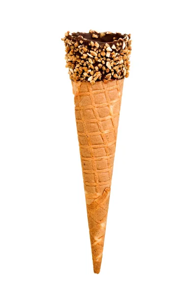 Empty cone with nuts and chocolate on white background with a co — Stock Photo, Image