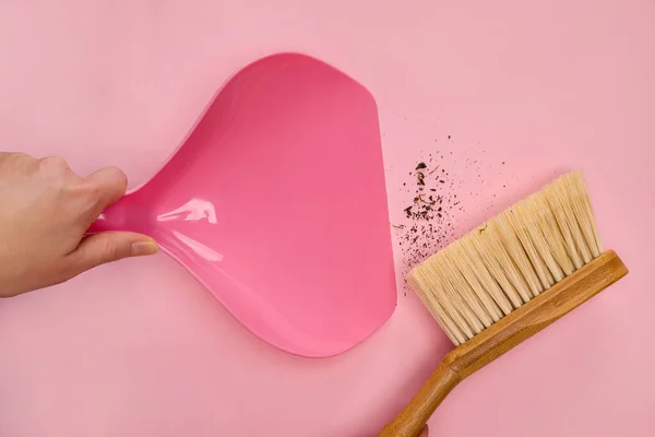 Woman Wooden Hand Broom Dustpan Sweeping Dirty Floor Cleaning Concept — Stock Photo, Image