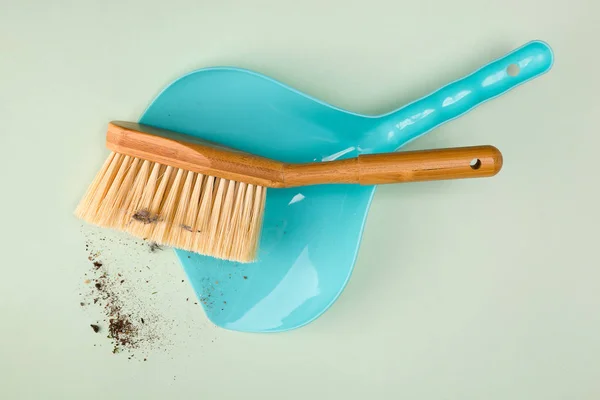 Dustpan Brush Pile Dust Dirt Top View House Chores Cleaning — Stock Photo, Image