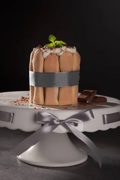 Tiramisu Italian Layered Dessert Mascarpone Cream Decorated Mint Cocoa Powder — Stock Photo, Image