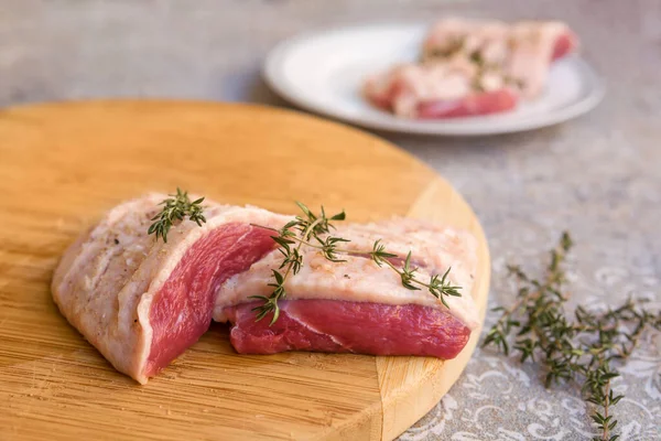 Raw Duck Breast Meat Cutting Board Fresh Herbs — Stock Photo, Image