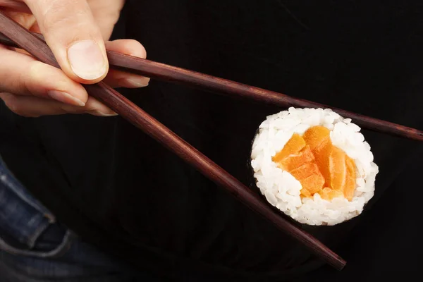 Woman Holding Salmon Maki Sushi Piece Chopsticks Culinary Gourmet Japanese — Stock Photo, Image