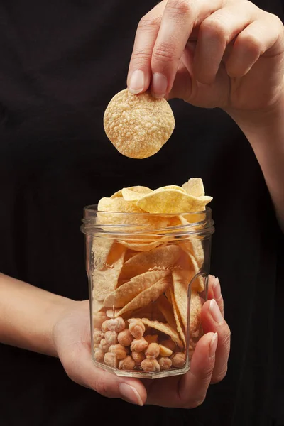 Young Woman Holding Chickpea Chips Healthy Snack — Stock Photo, Image