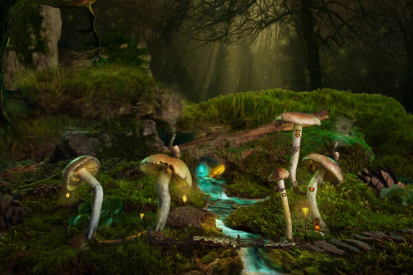 Psychedelic magic psilocybin mushrooms in fantastic fairy tale forest.